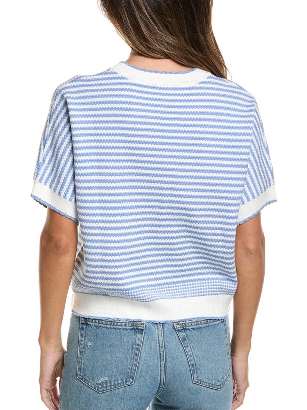 Adrianna Papell Blue and White Striped Short-Sleeve Knit Top - Picture 2 of 4